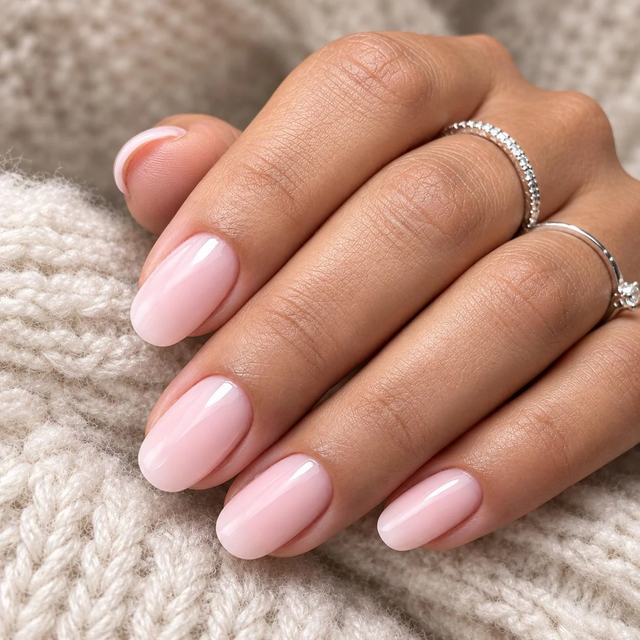 Manicure Jêtre con smalto rosa cipria su unghie curate, mano appoggiata su un maglione in lana
