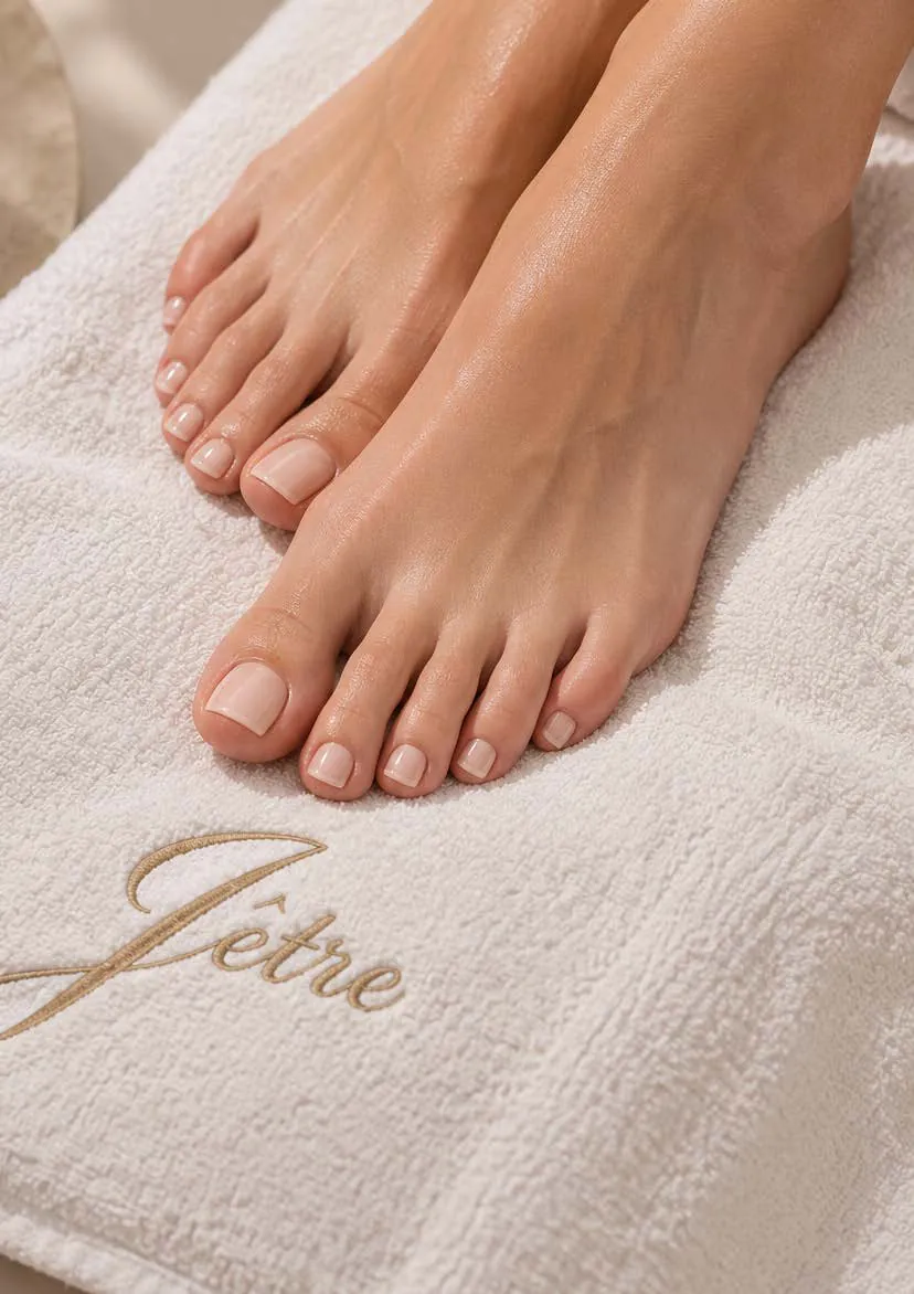 Piedi curati su un asciugamano con il logo Jêtre