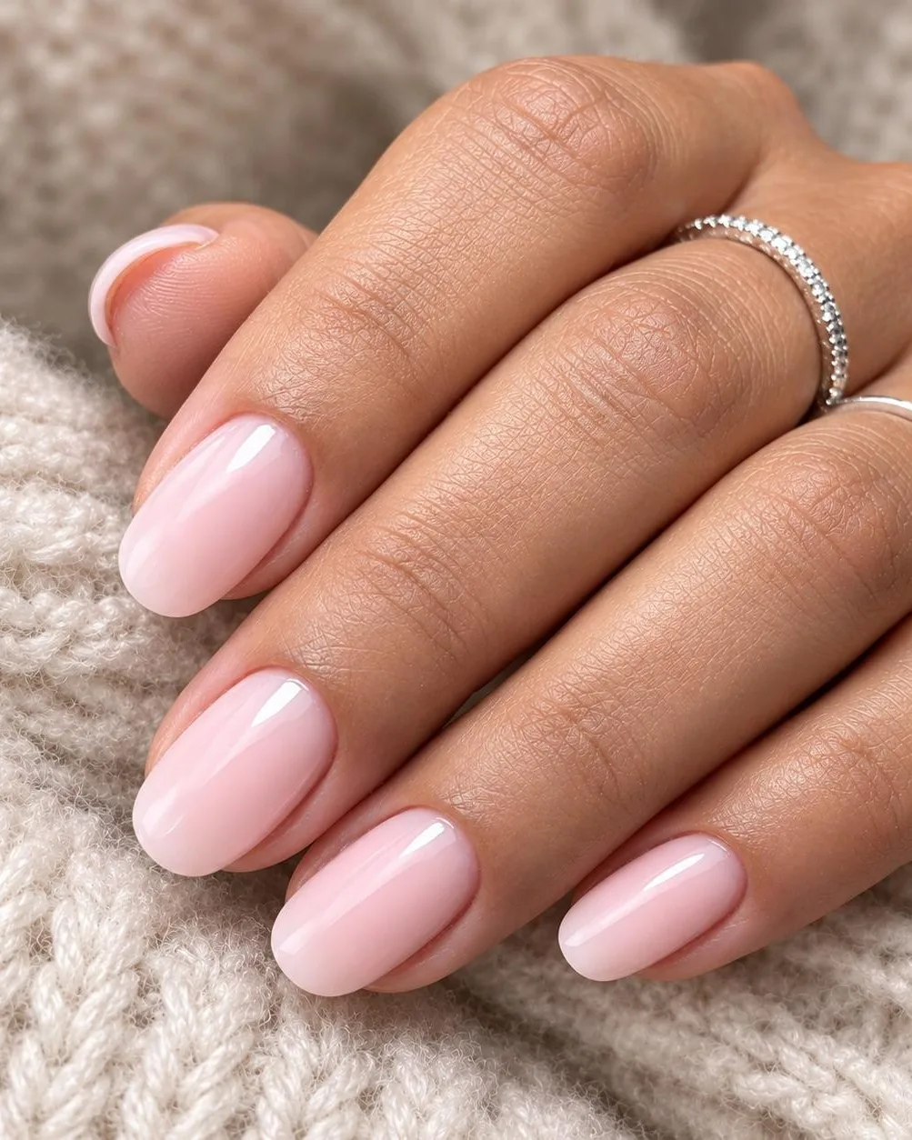 Mano con semipermanente rosa nude e unghie curate